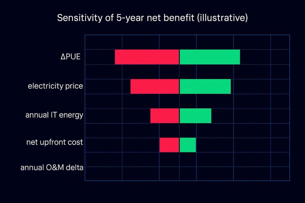 Sensitivity (tornado chart): which variables drive five-year net benefit the most in an illustrative model
