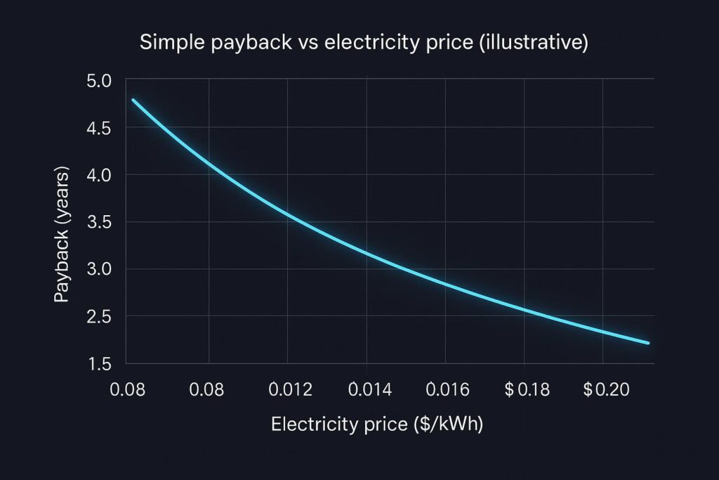 Line chart: simple payback in years versus electricity price for an illustrative precision cooling efficiency project