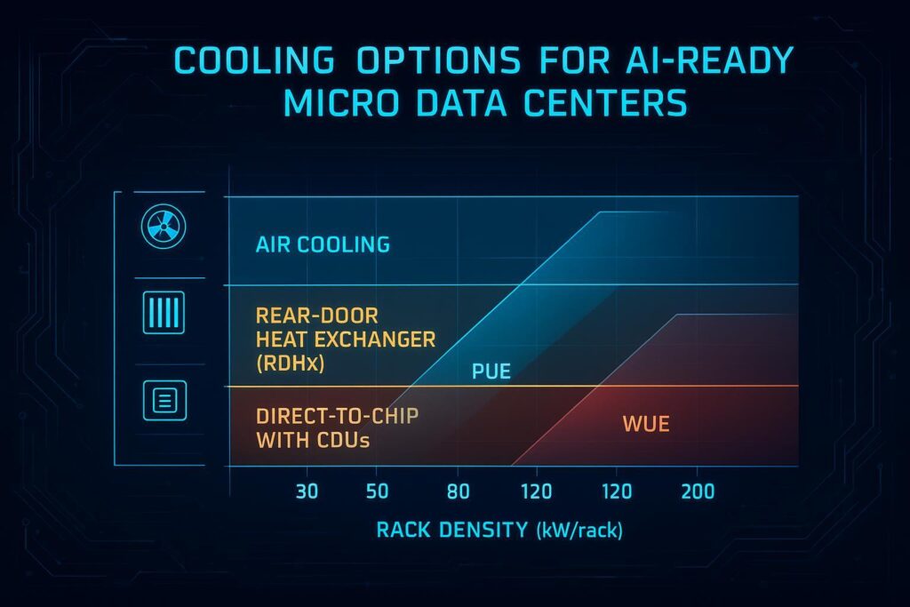 Infographic: comparison chart mapping rack densities (30–200kW/rack) to cooling options (air, RDHx, direct-to-chip with CDUs), with indicative PUE/WUE bands