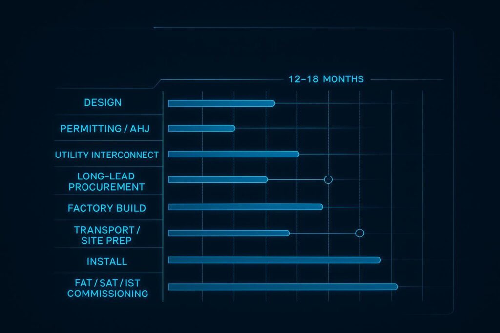 Schematic: Gantt-style modular delivery timeline showing 12–18 month factory build, permits, utilities, and commissioning milestones