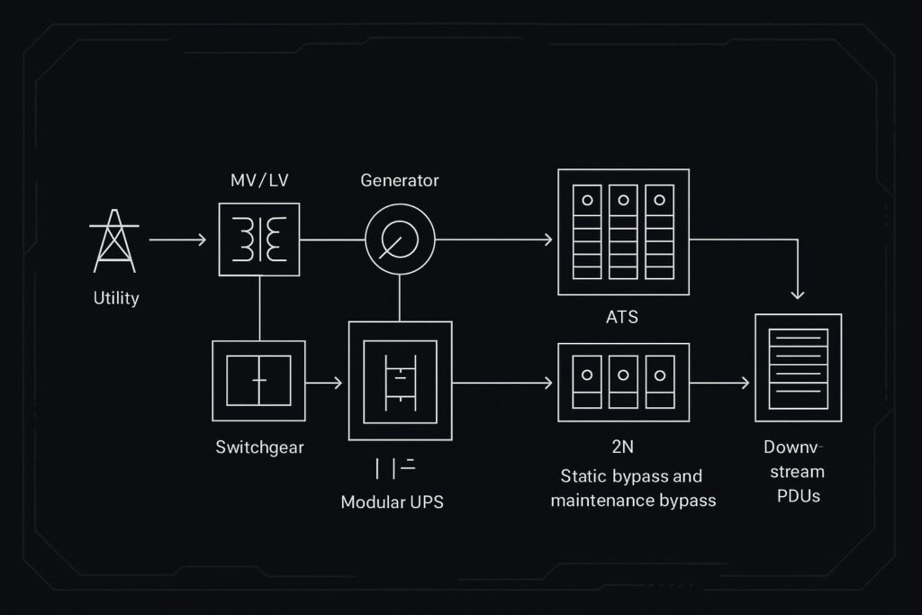 Architecture diagram: a one-line power path showing utility, generator, modular UPS frames with N+1 and 2N options, bypasses, and downstream PDUs