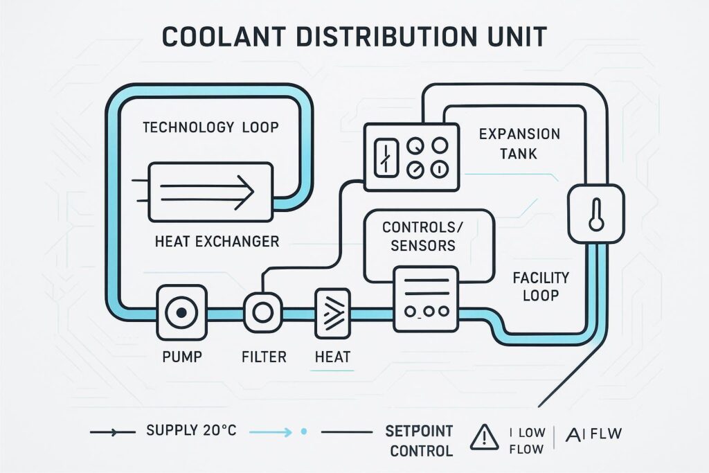 Annotated diagram of a cold plate on a CPU/GPU showing TIM, microchannels, inlet/outlet, Tin, Tout, and ΔT