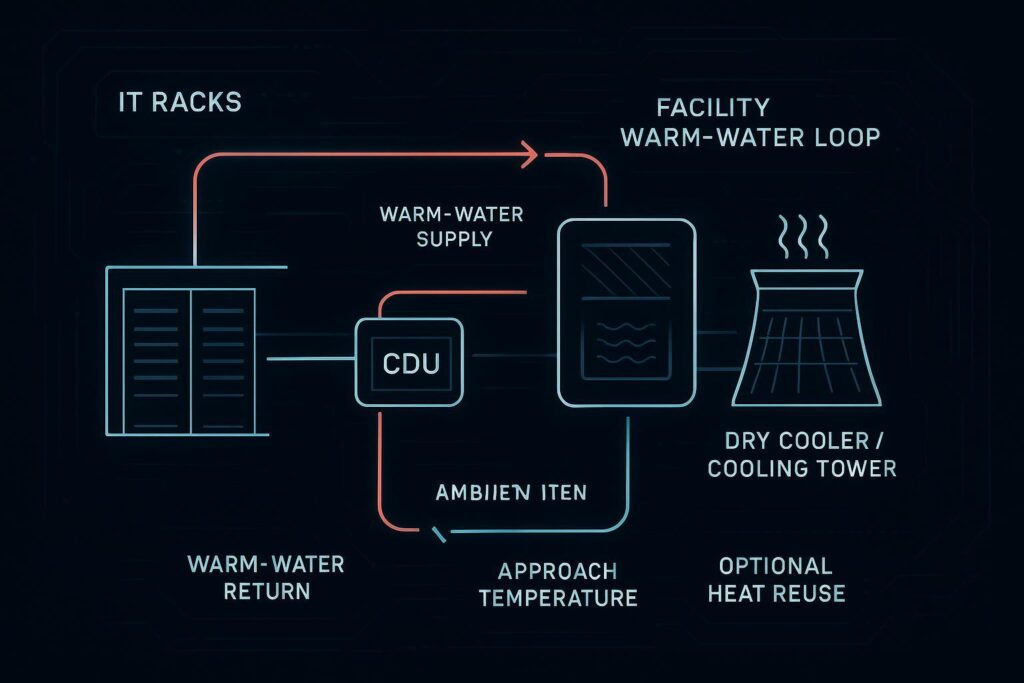 Annotated rack-level manifold diagram showing supply/return headers, quick disconnects, isolation valves, sensors, flow arrows, and ΔP