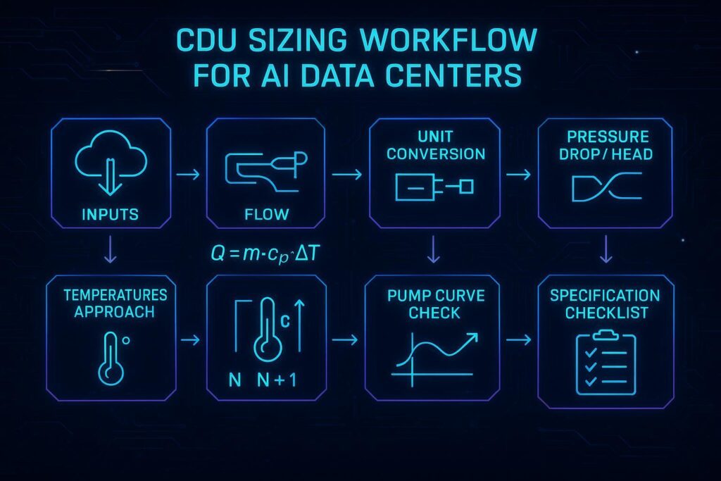 Infographic of a step-by-step CDU sizing workflow from inputs to flow, head, redundancy, and final specification