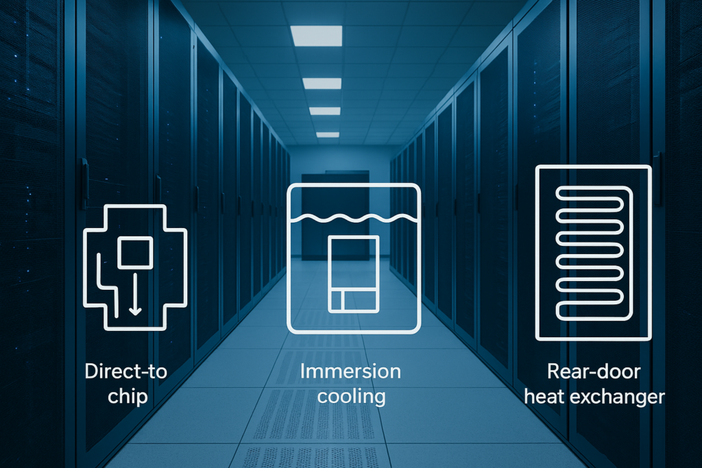 Cover image: a modern data center aisle illustrating direct-to-chip, immersion, and rear-door heat exchanger cooling