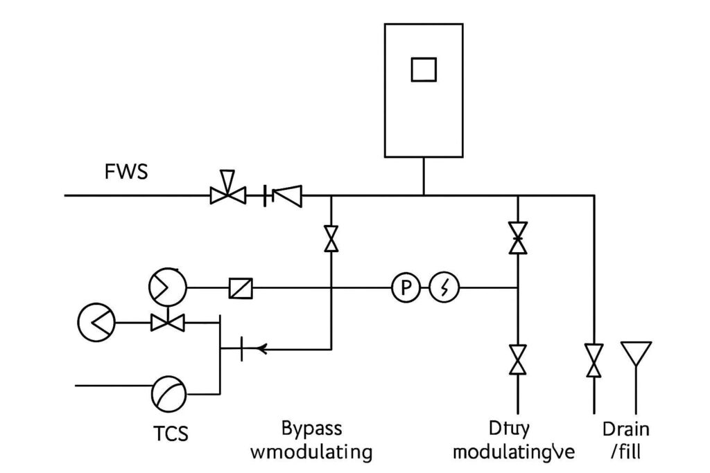 Illustrative P&ID-style diagram showing CDU integration boundary with pumps, valves, sensors, bypass, and HX