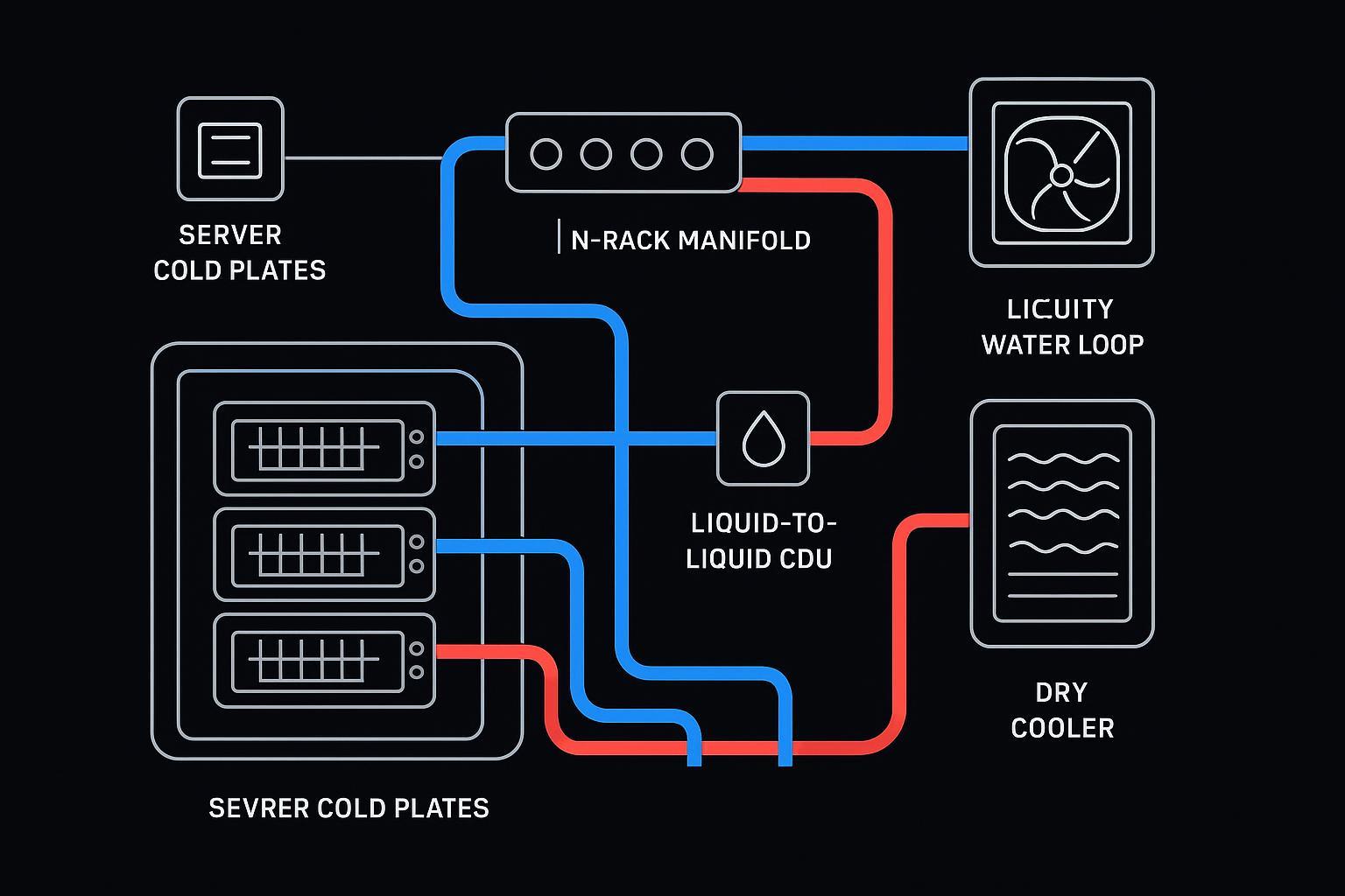 Infographic comparing air, cold plate liquid cooling, and immersion across PUE, WUE, and TCO.
