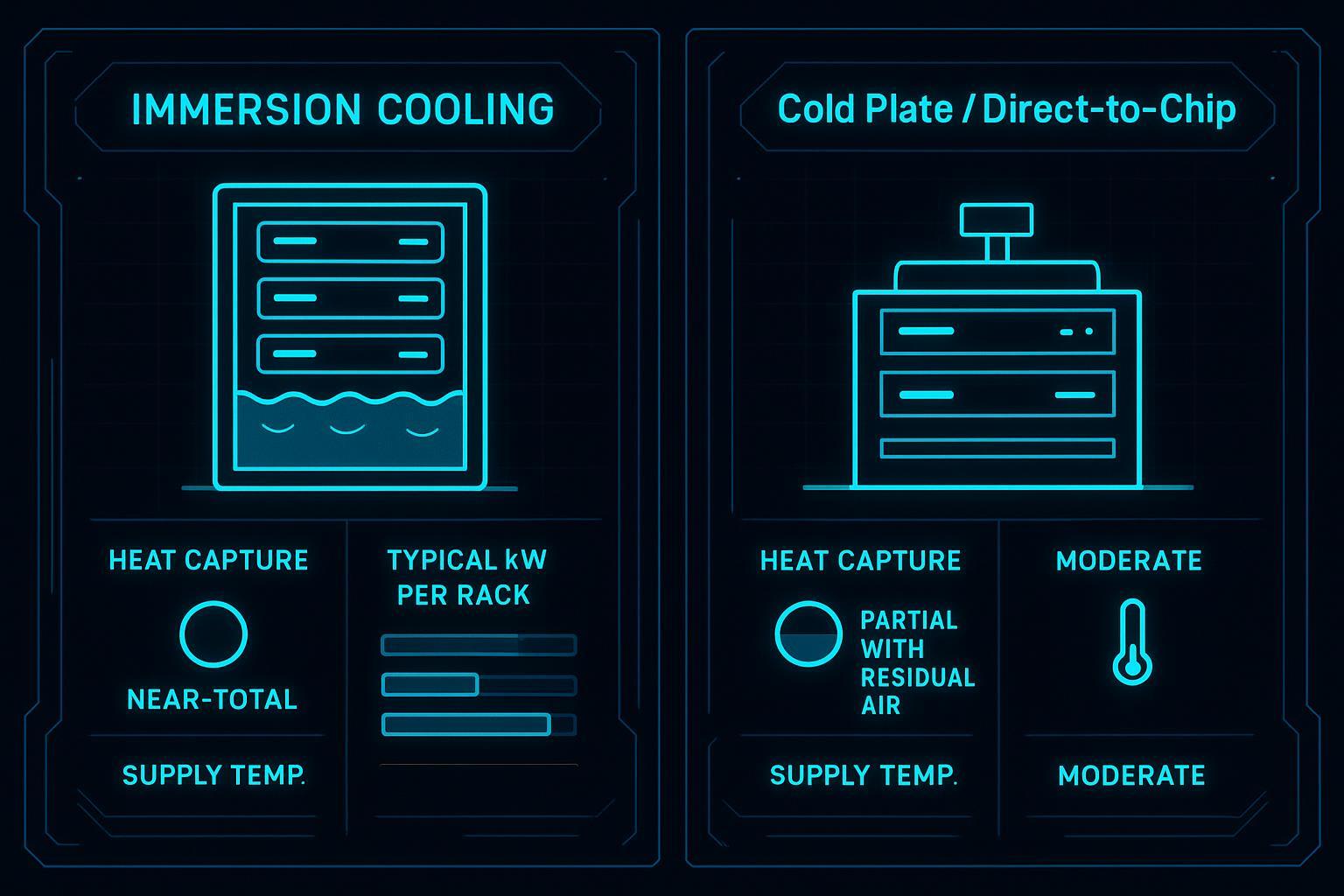 Infographic comparing immersion vs cold plate performance envelopes for heat capture, kW per rack, and supply temperature grade