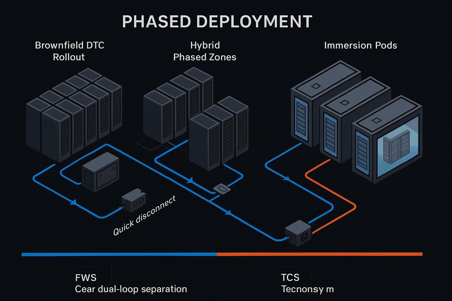 Schematic of phased deployment with CDUs, manifolds, immersion tanks, and dual-loop separation between facility and technology loops