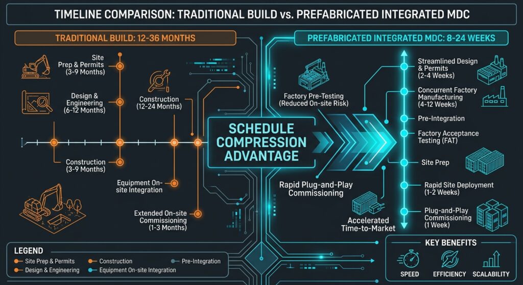 A side-by-side timeline comparing traditional build (12–36 months) vs prefabricated integrated MDC (8–24 weeks to a few months)
