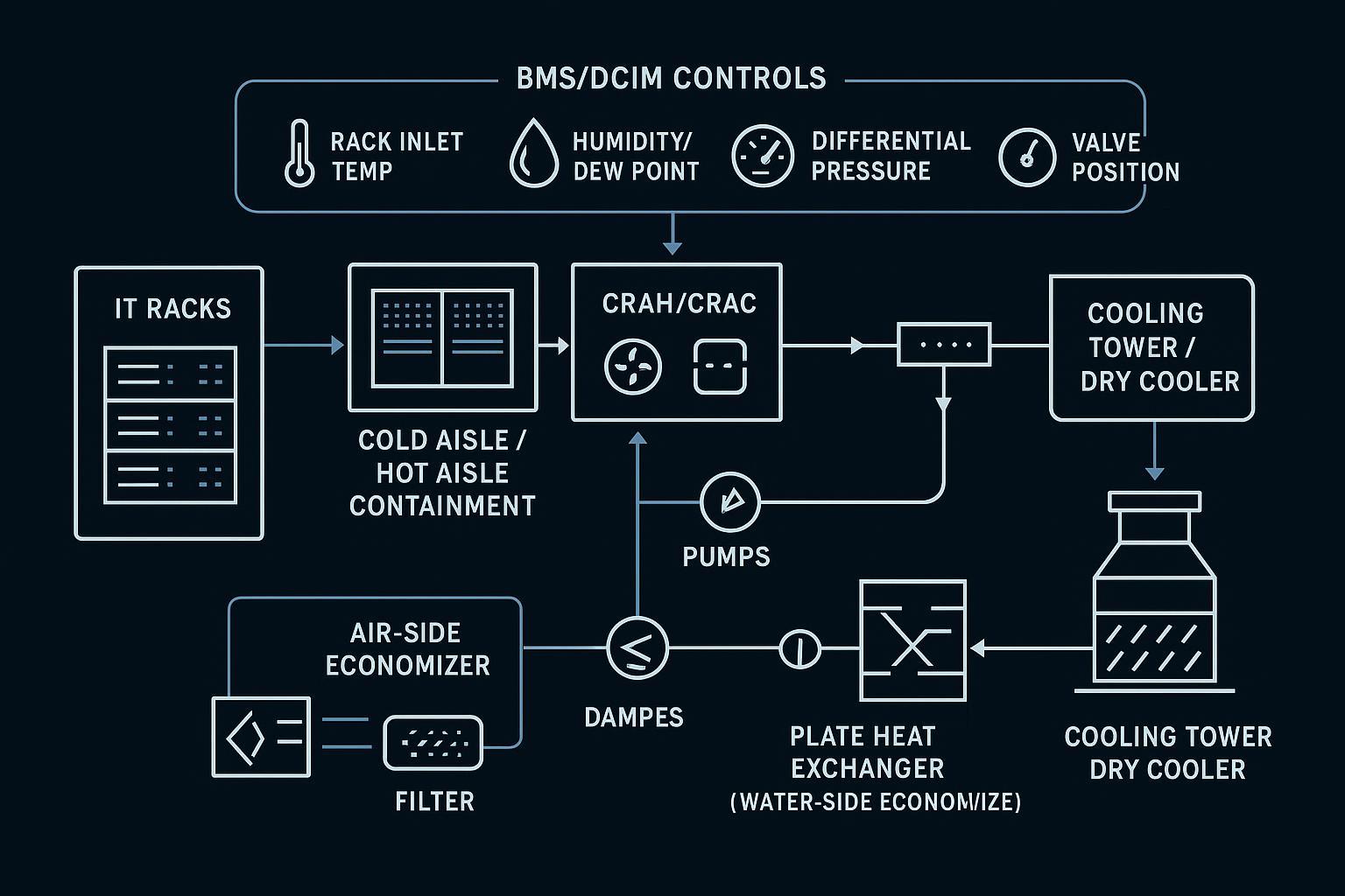 Integration schematic: CRAC/CRAH linked to economizers, pumps/valves, and BMS controls