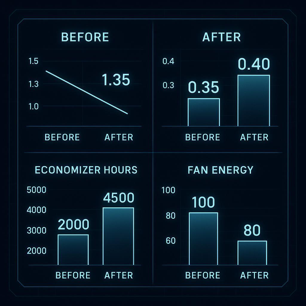 KPI mini-chart: before/after PUE, WUE, economizer hours, and fan energy