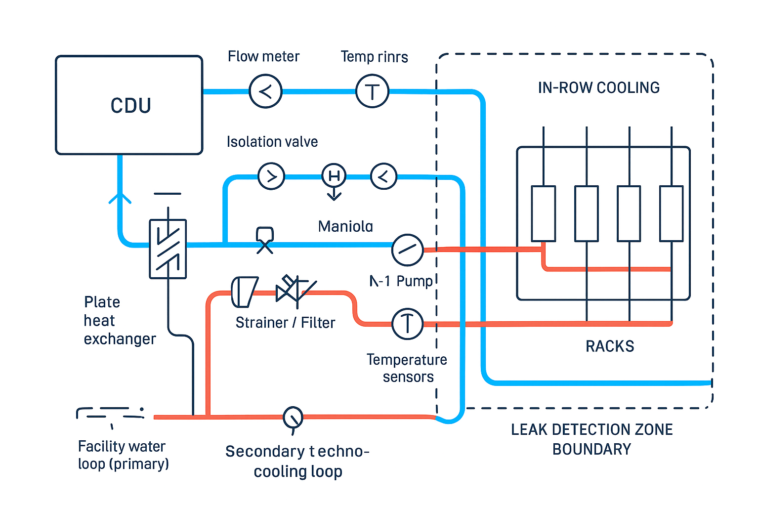 A decision tree showing rack kW bands, in-row viability, and pivot points to RDHx or D2C