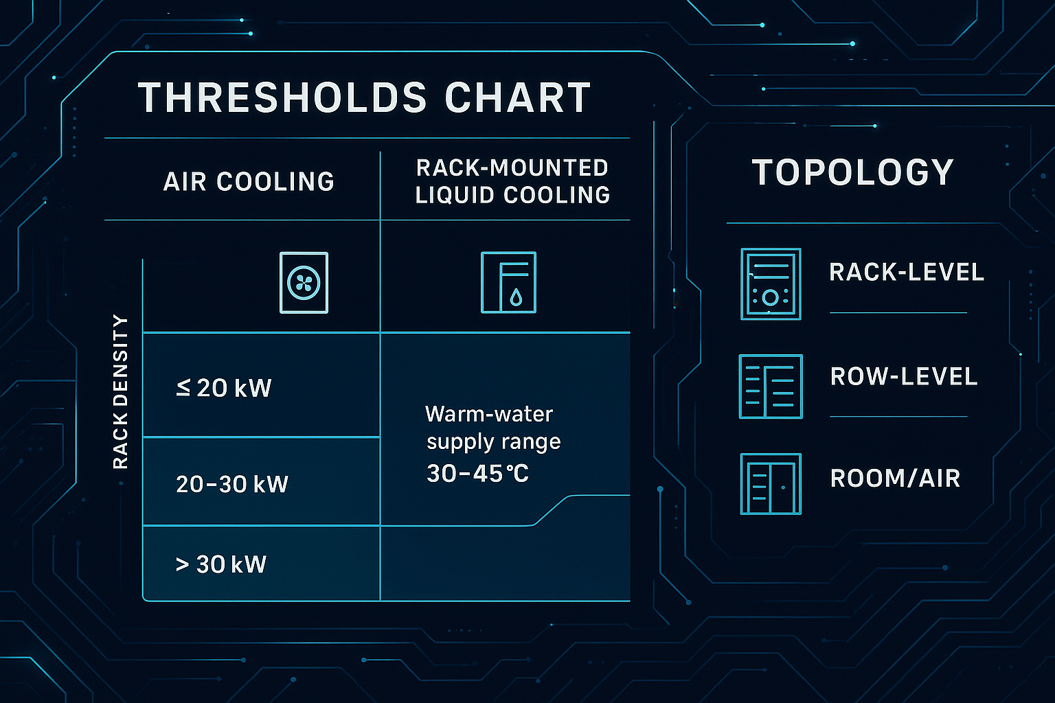 Infographic thresholds chart for air vs rack-mounted liquid cooling thresholds, warm-water ranges (30–45°C), and rack/row topology examples for edge scaling.