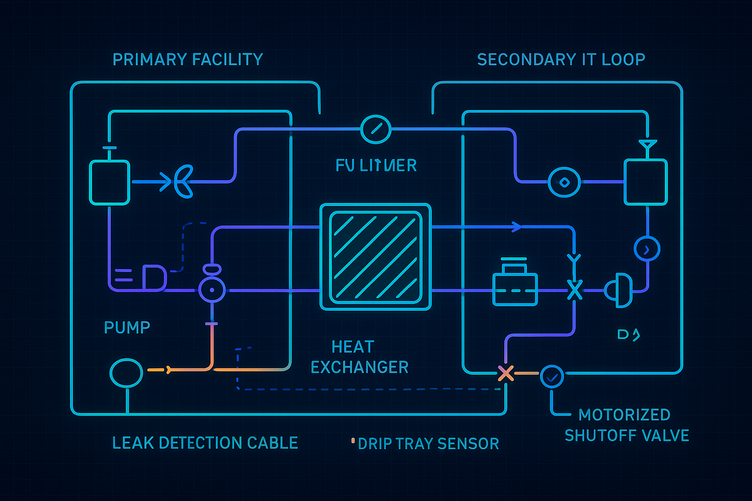 Schematic diagram of a dual-loop in-rack CDU with sensors, leak detection, and automatic isolation valves to improve safety and serviceability.