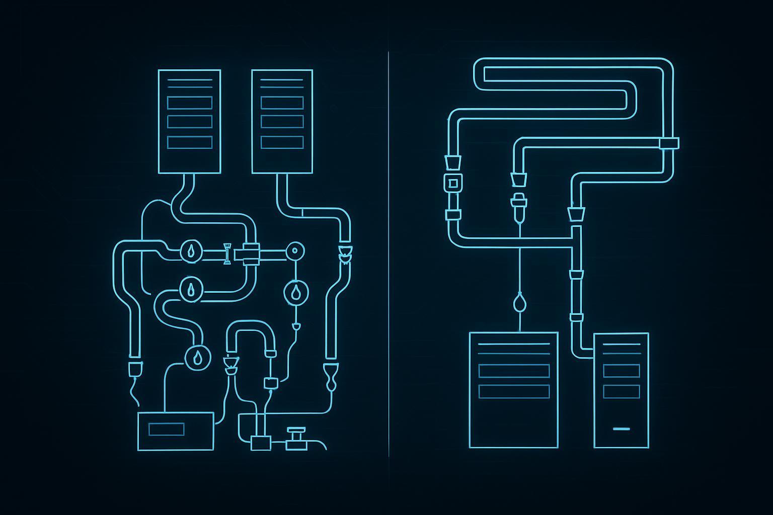 Piping topology infographic comparing underfloor vs overhead routing with isolation points and N+1 CDU placement