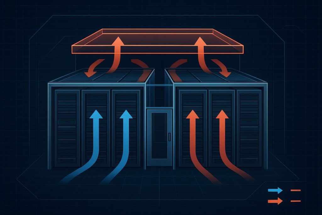 Airflow containment diagram showing hot/cold aisle containment reducing air mixing and stabilizing server inlet temperatures