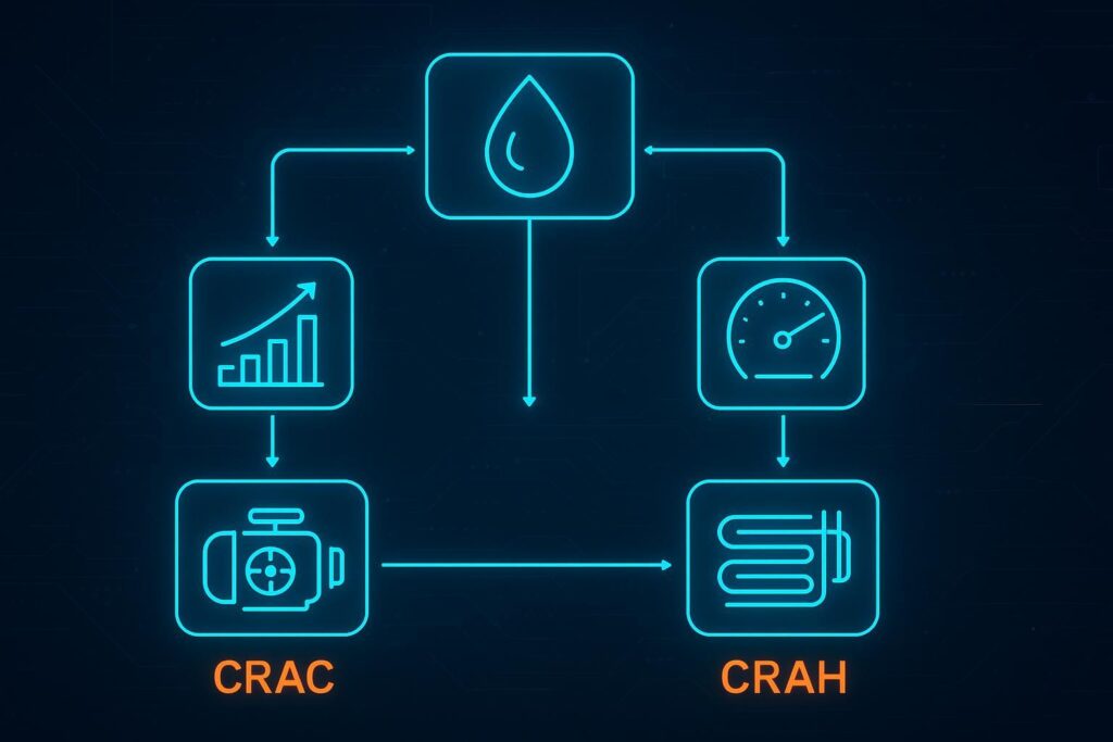 Decision-flow infographic guiding readers to CRAC or CRAH based on chilled water, load, growth, and efficiency targets