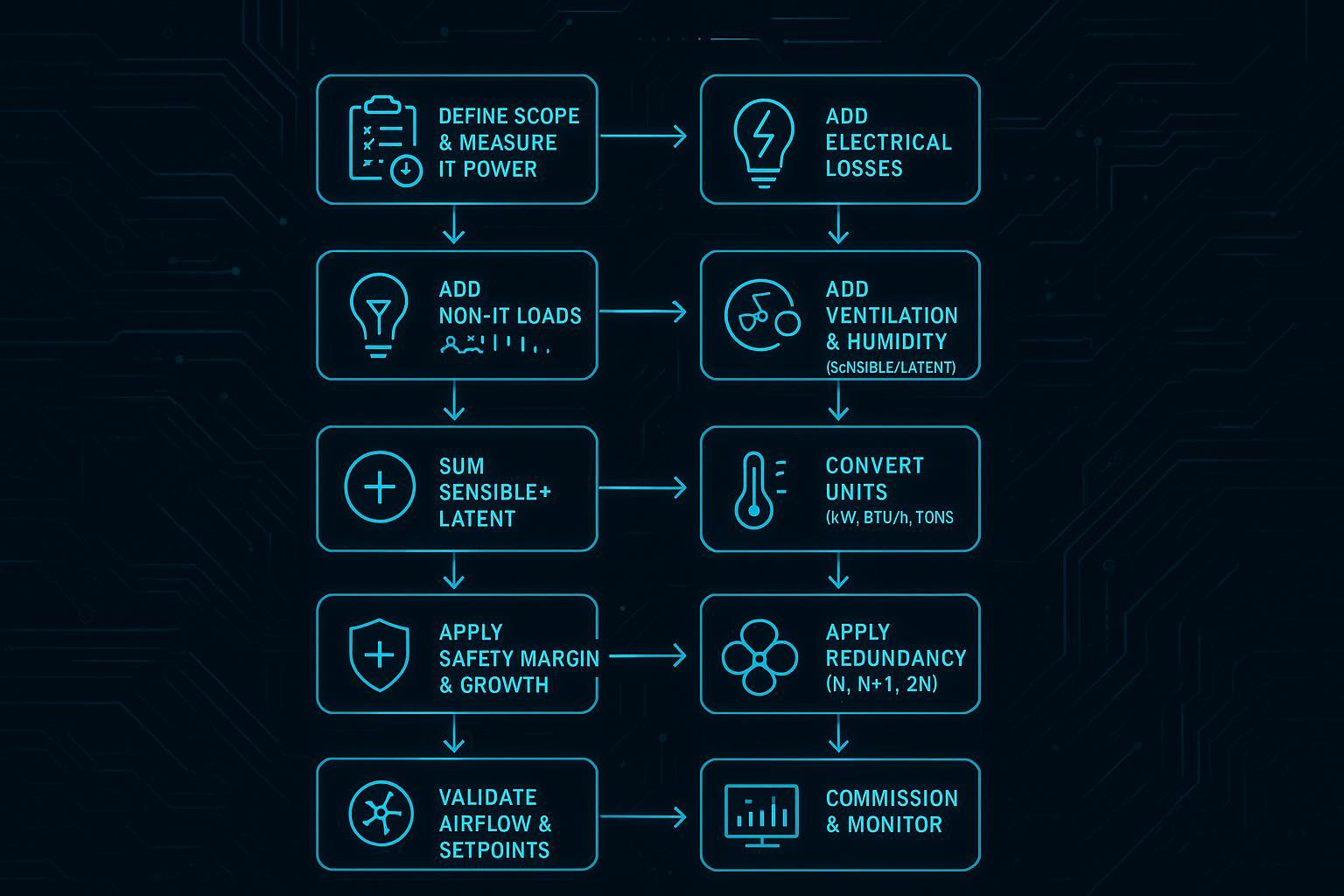 Infographic: flowchart of the end-to-end data center cooling load calculation steps from IT power to validation