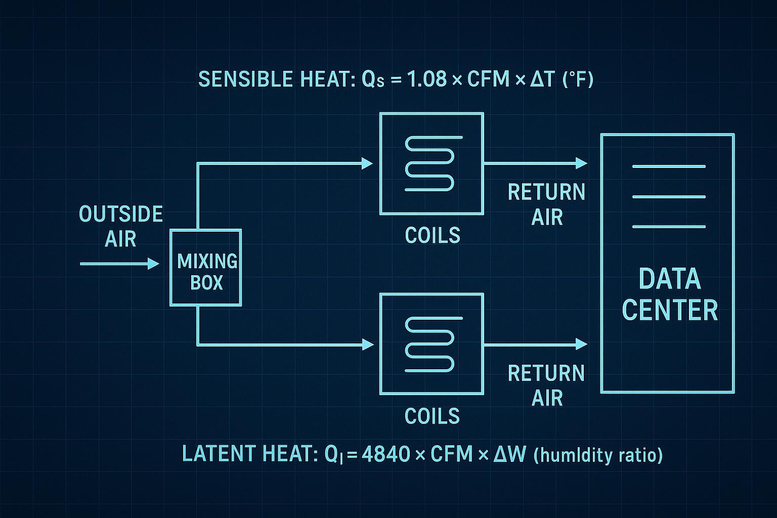 Engineering diagram: schematic showing sensible and latent ventilation paths and where 1.08×CFM×ΔT and 4,840×CFM×ΔW apply