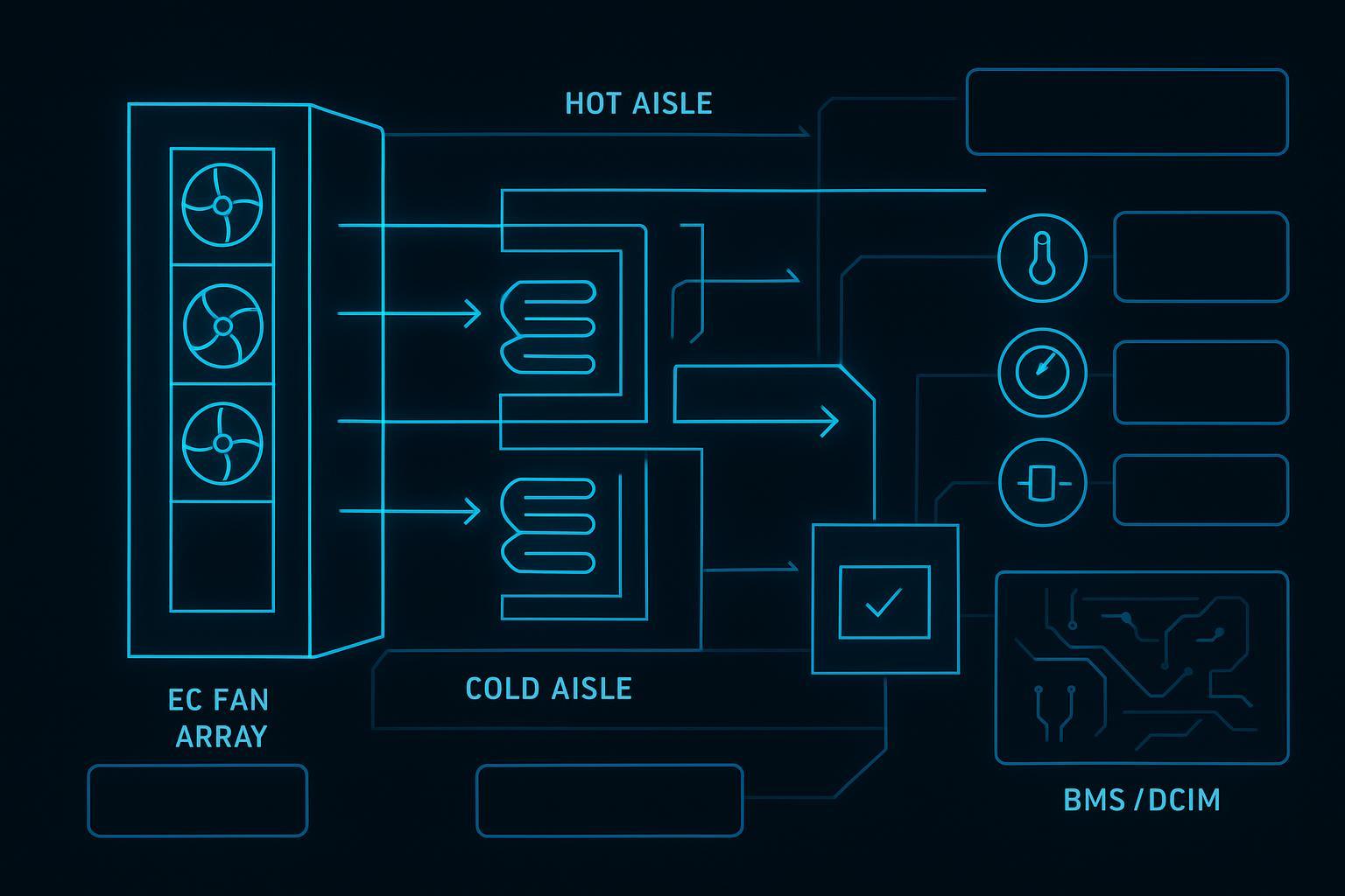 Annotated infographic showing a slab-floor fan wall system with EC fan arrays, chilled-water coils, sensors, and control loops