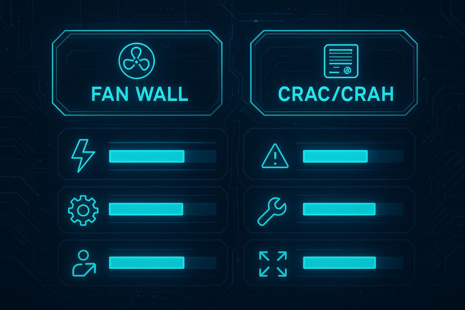 Chart comparing fan wall vs CRAC/CRAH across energy, airflow risk, redundancy, and service access