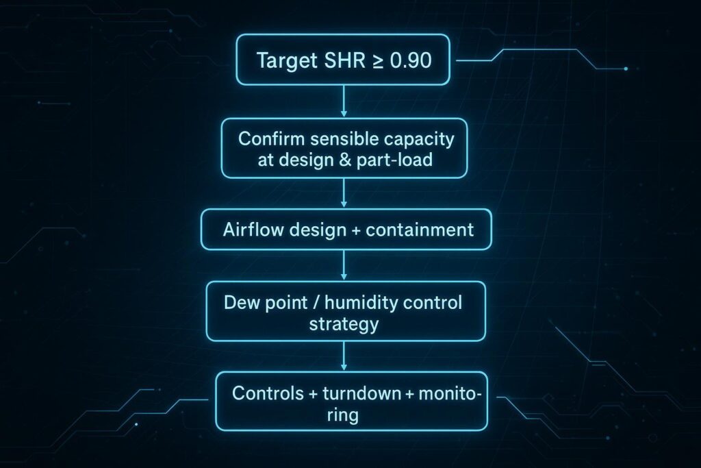 Schematic diagram: psychrometric-focused selection flow for high-SHR data center cooling