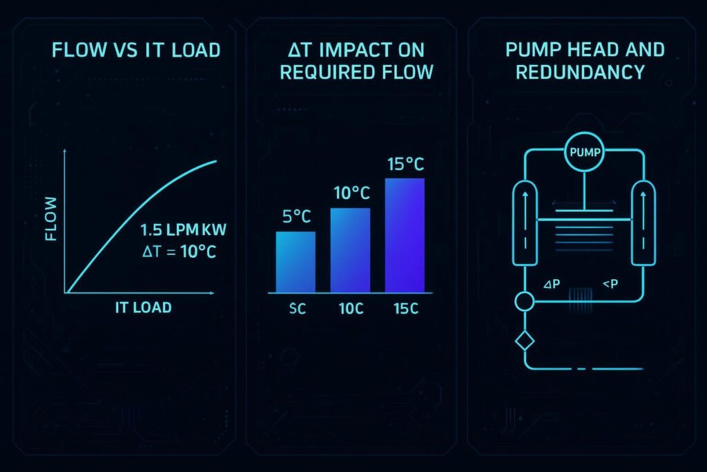 Infographic showing CDU sizing relationships for flow, delta-T, pump head, and N+1 redundancy