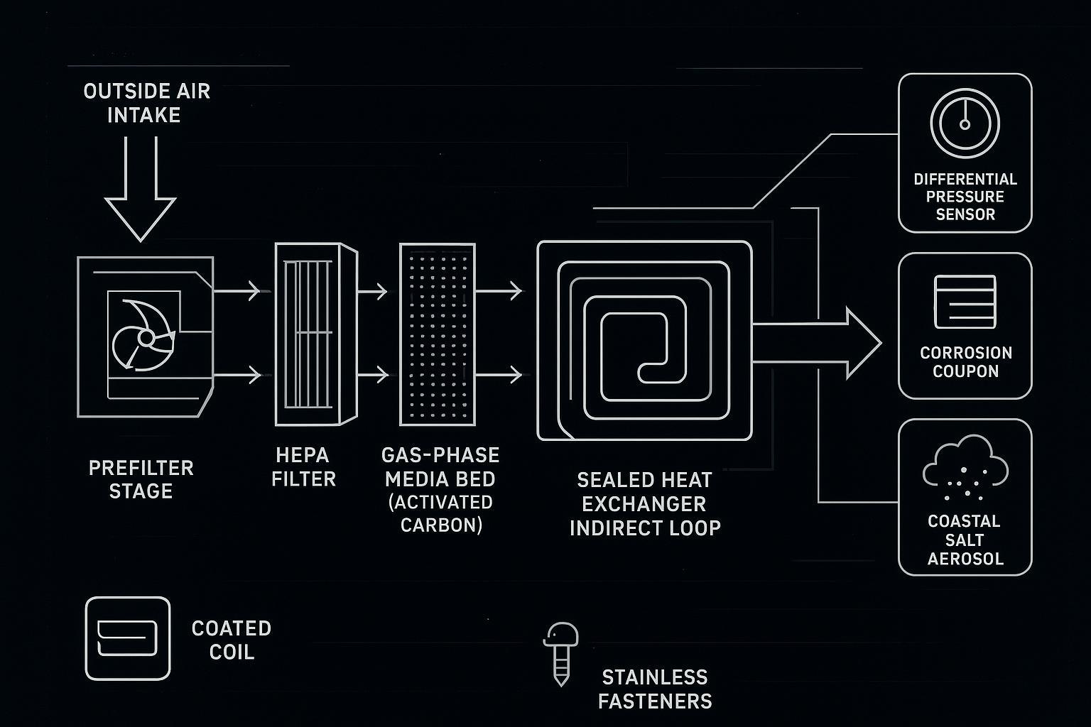 A layered schematic of MERV/HEPA plus gas-phase media, sealed-loop heat exchange, corrosion-resistant materials
