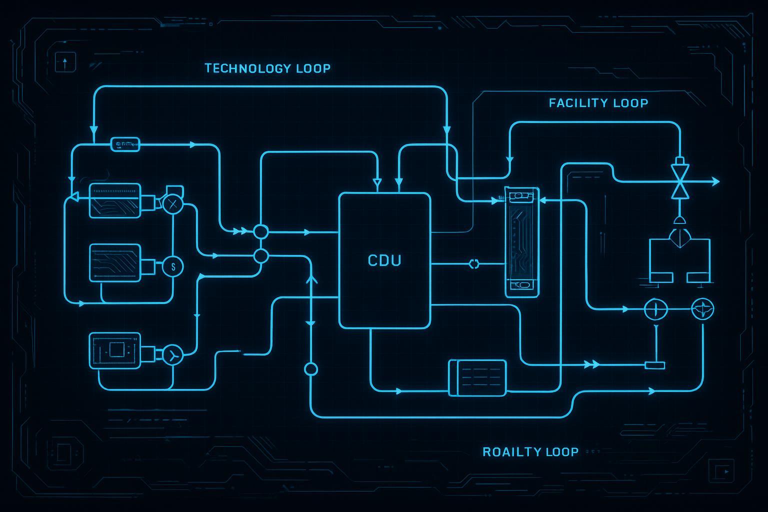 Schematic: D2C and RDHx loop with warm-water supply/return and dry coolers
