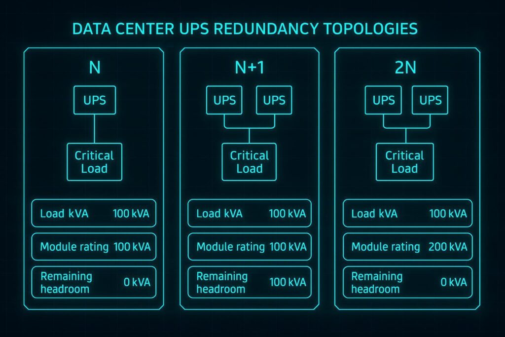 Infographic comparing N, N+1, and 2N UPS topologies with capacity math flow