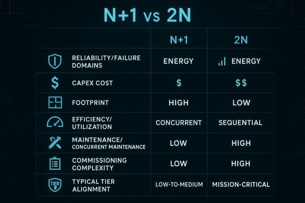 Infographic: side-by-side matrix comparing N+1 vs 2N across reliability, cost, footprint, efficiency, maintenance, and typical tiers