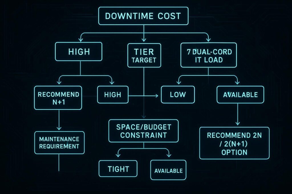 Decision flowchart guiding choice between N+1 and 2N based on downtime cost, Tier target, dual-cord ratio, and space/budget