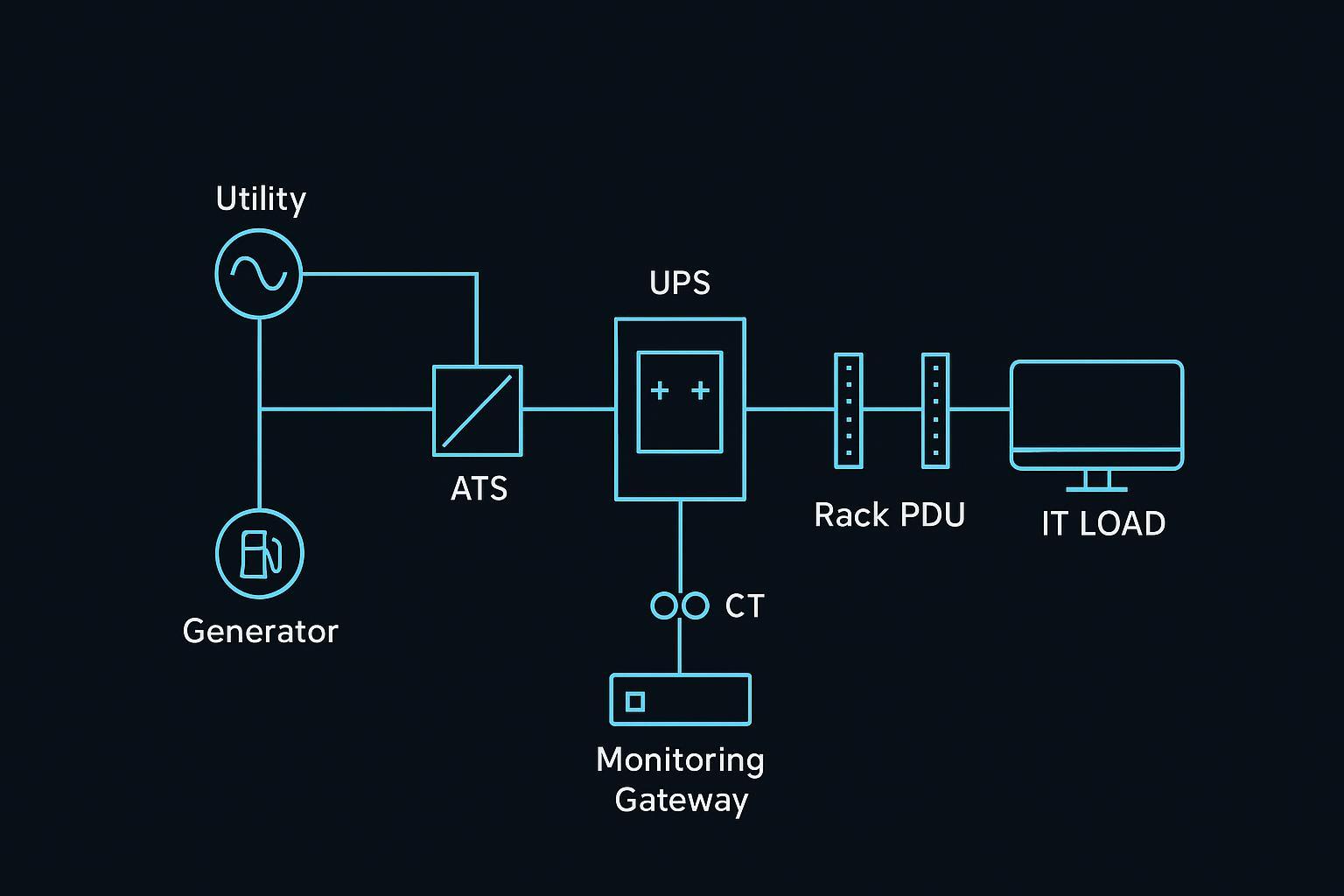 Infographic selection flow for choosing an all-in-one UPS: load sizing, redundancy choice, voltage/PDU match, runtime path, monitoring checklist