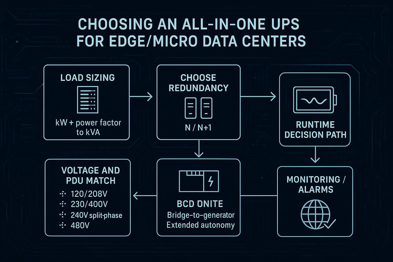 Simplified one-line diagram showing utility to ATS to all-in-one UPS to rack PDUs with monitoring taps