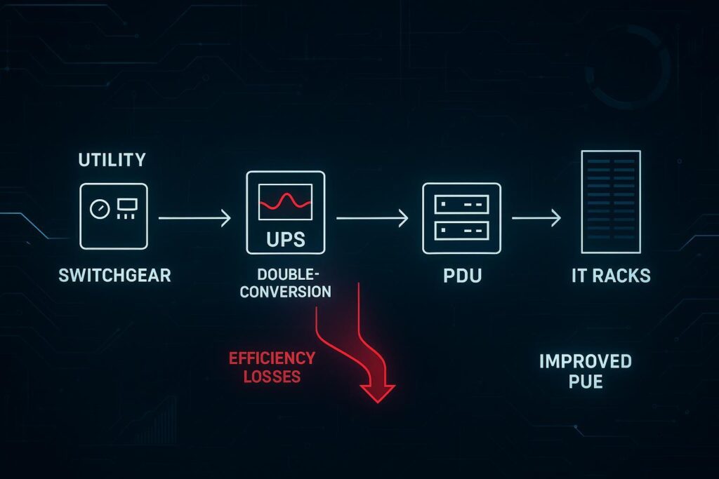 A module-paralleling diagram showing load sharing and efficiency bands from 20%–50% load