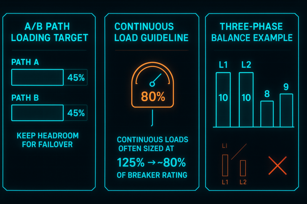 Infographic showing A/B loading target (40–50%), an 80% continuous-load guideline, and a three-phase balance example.