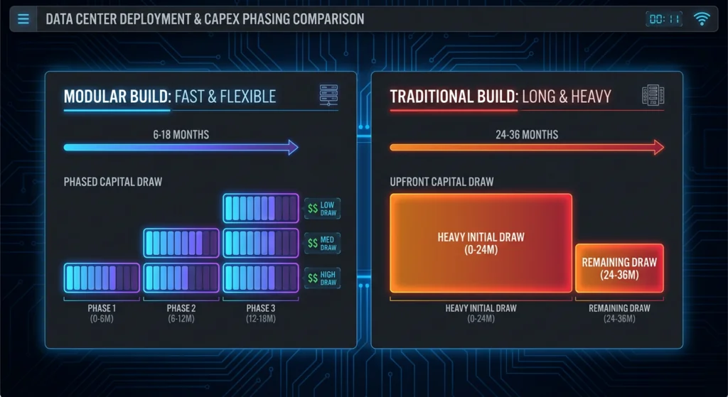 A side-by-side timeline and CAPEX phasing bars comparing modular 6 to 18 months vs traditional 24 to 36 months
