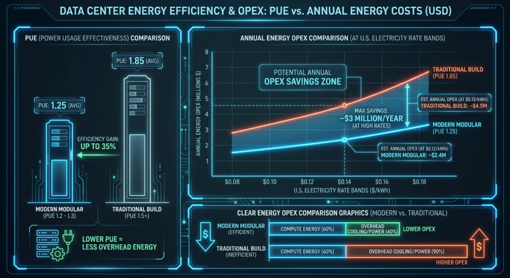 A simple PUE-to-energy-cost chart contrasting PUE 1.2 to 1.3 modular vs 1.5+ traditional at U.S. $/kWh