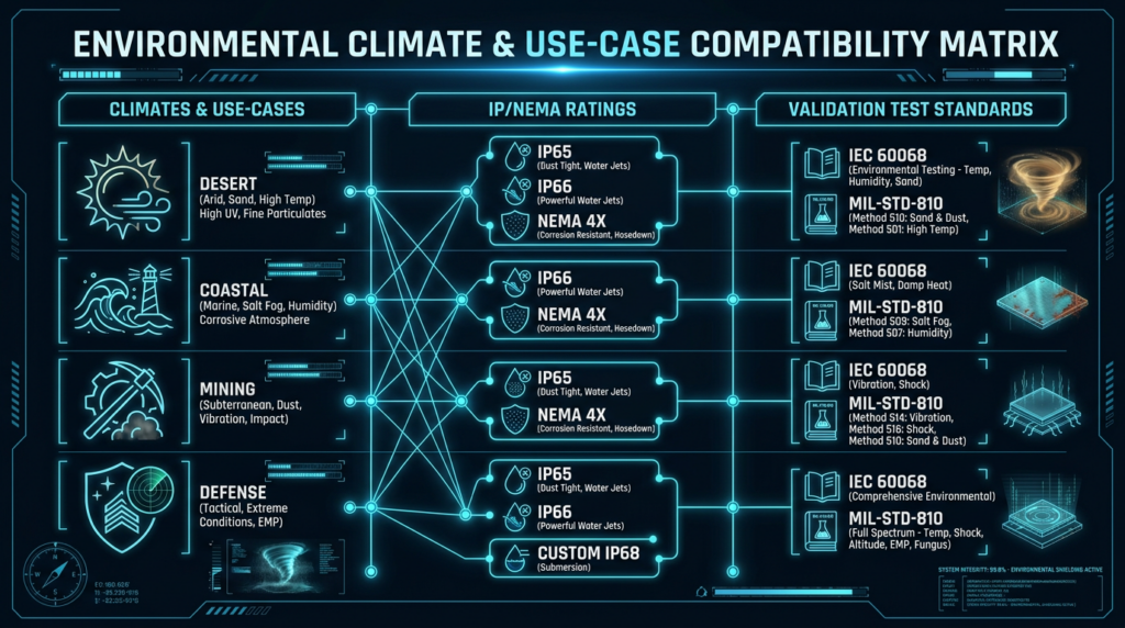 A matrix of climates and use-cases mapping to IP/NEMA and test methods