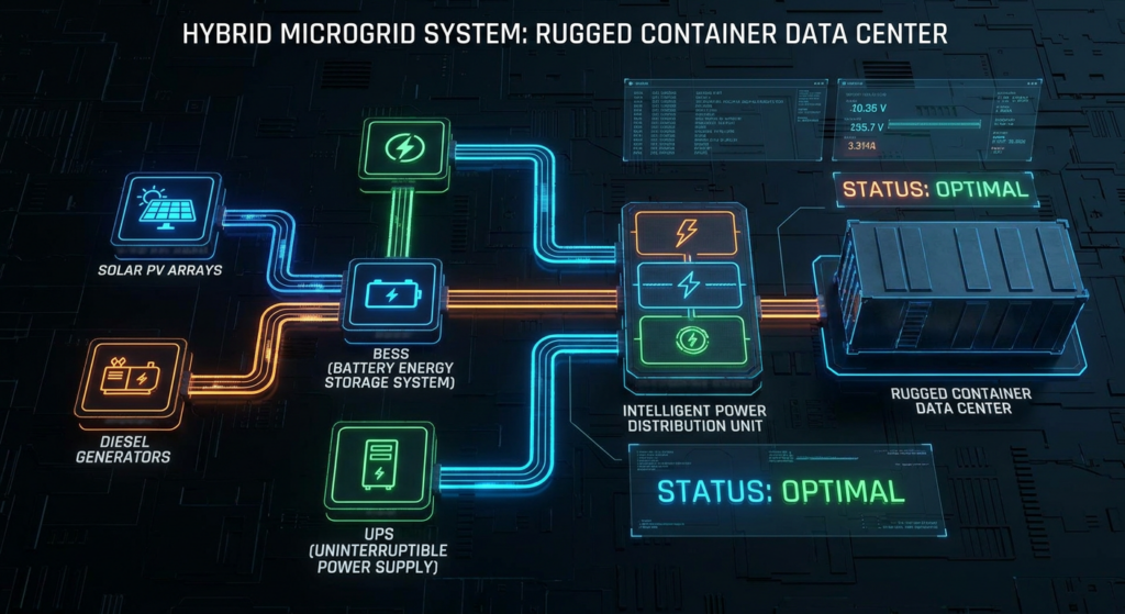 A hybrid microgrid powering a container data center with UPS/BESS and generators