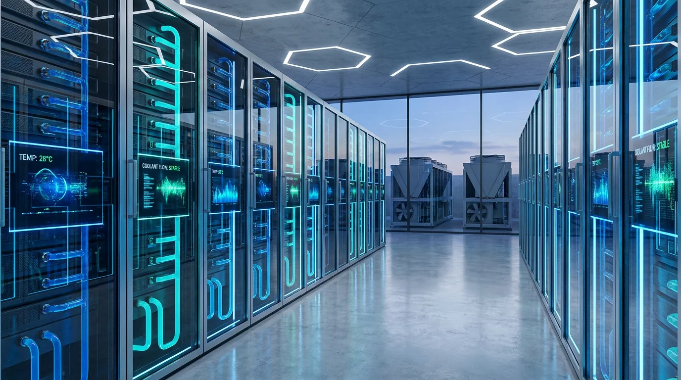 Modern AI data center server hall with liquid-cooled racks and dry coolers