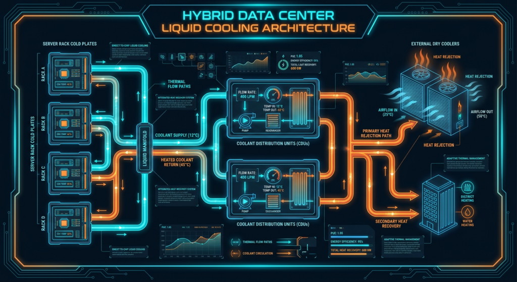 Technical architecture diagram of hybrid liquid cooling topology with CDUs, manifolds, and dry coolers