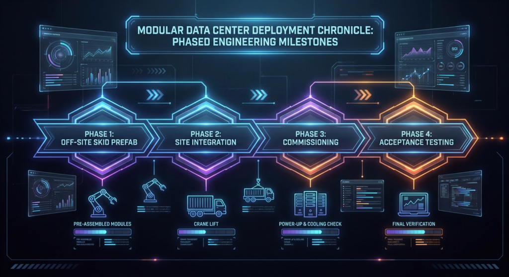 Phased modular data center deployment timeline schematic with cooling milestones