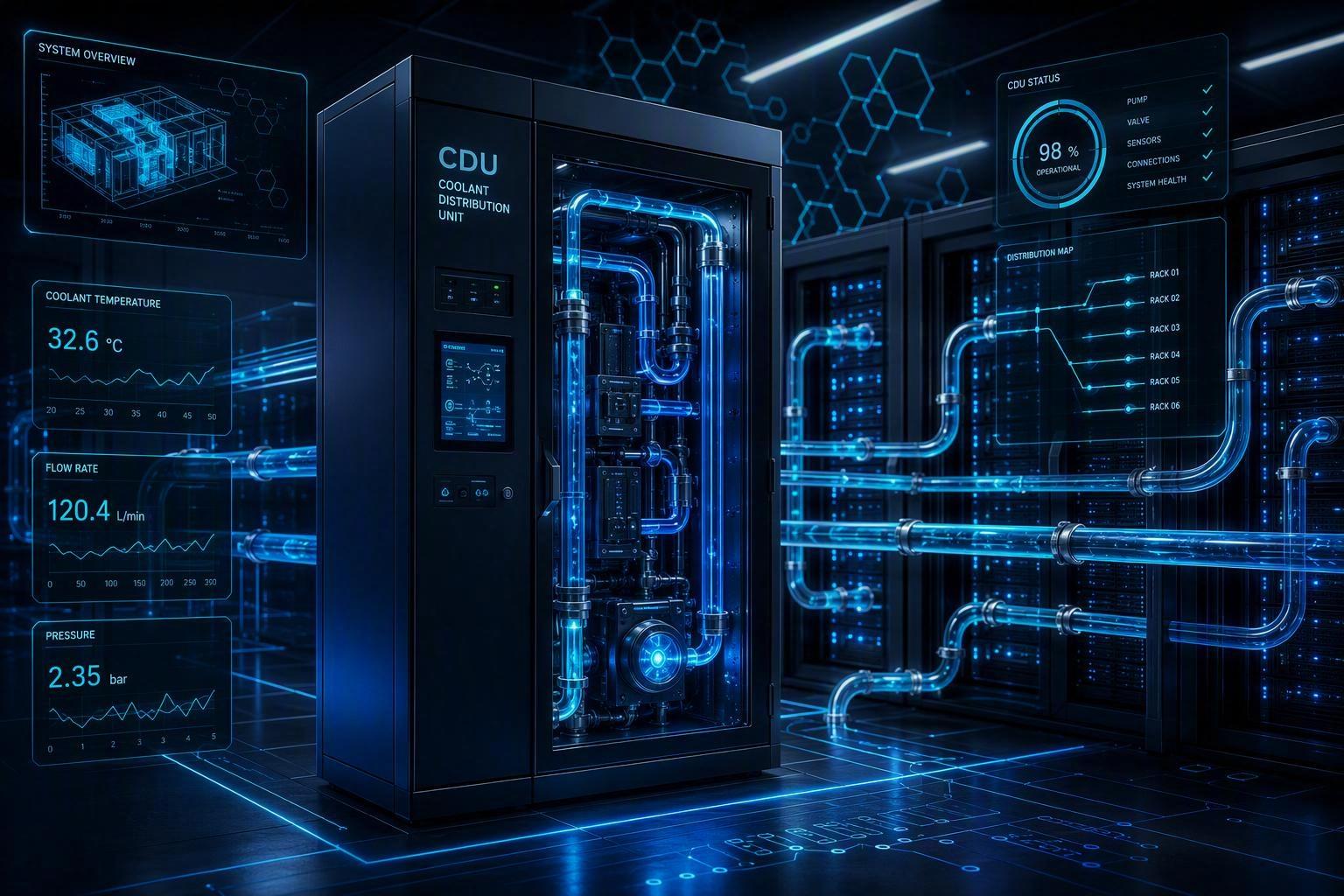 A coolant distribution unit in an AI data center with glowing liquid pipes and digital telemetry overlays