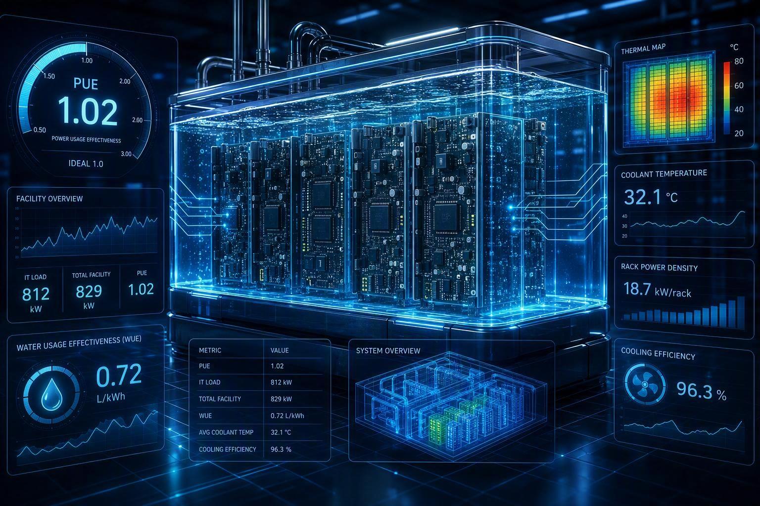 Immersion liquid cooling tank with submerged servers and digital PUE data overlays, tech style