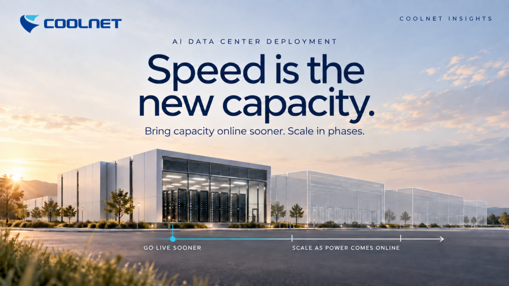 AI data center site selection scorecard showing speed to power metrics, transformer lead time warnings, and modular phased deployment timelines
