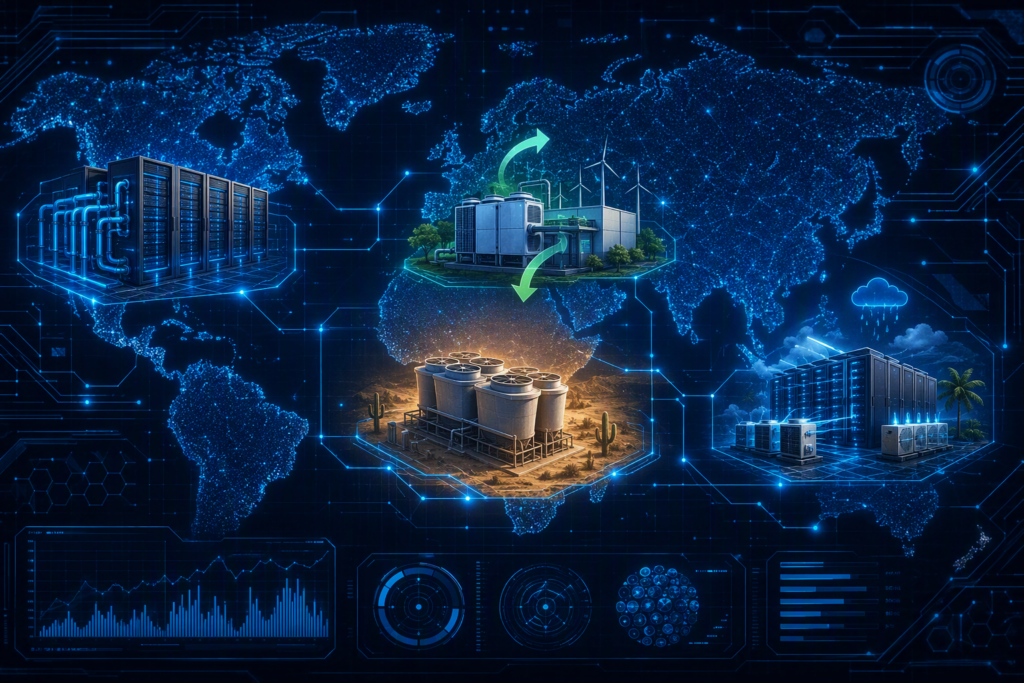 A futuristic world map overlay showing cooling architectures per region with neon circuit lines and data visualizations