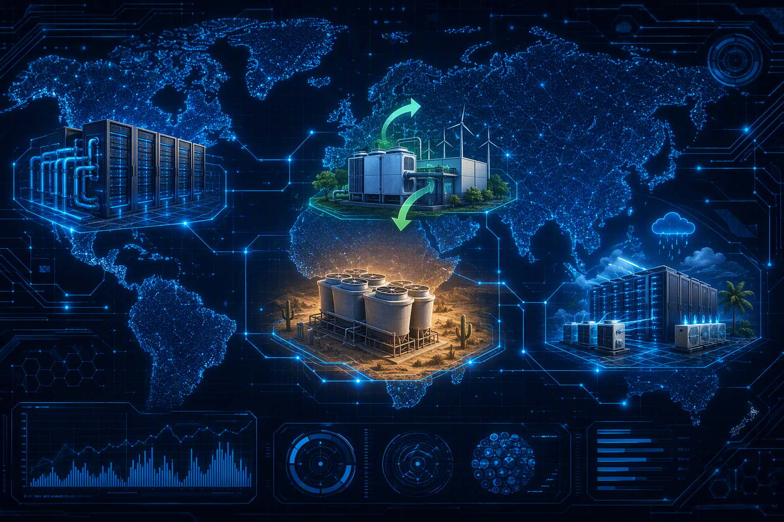 A futuristic world map overlay showing cooling architectures per region with neon circuit lines and data visualizations