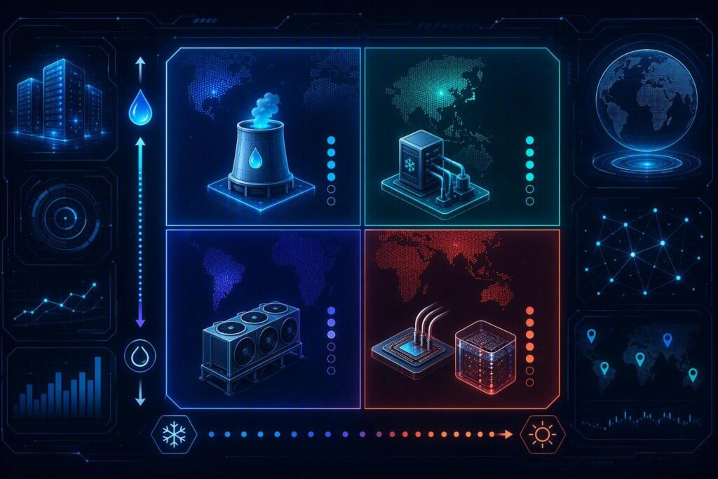 A quadrant matrix chart mapping climate and water availability to cooling technologies, with neon circuit overlays in tech style